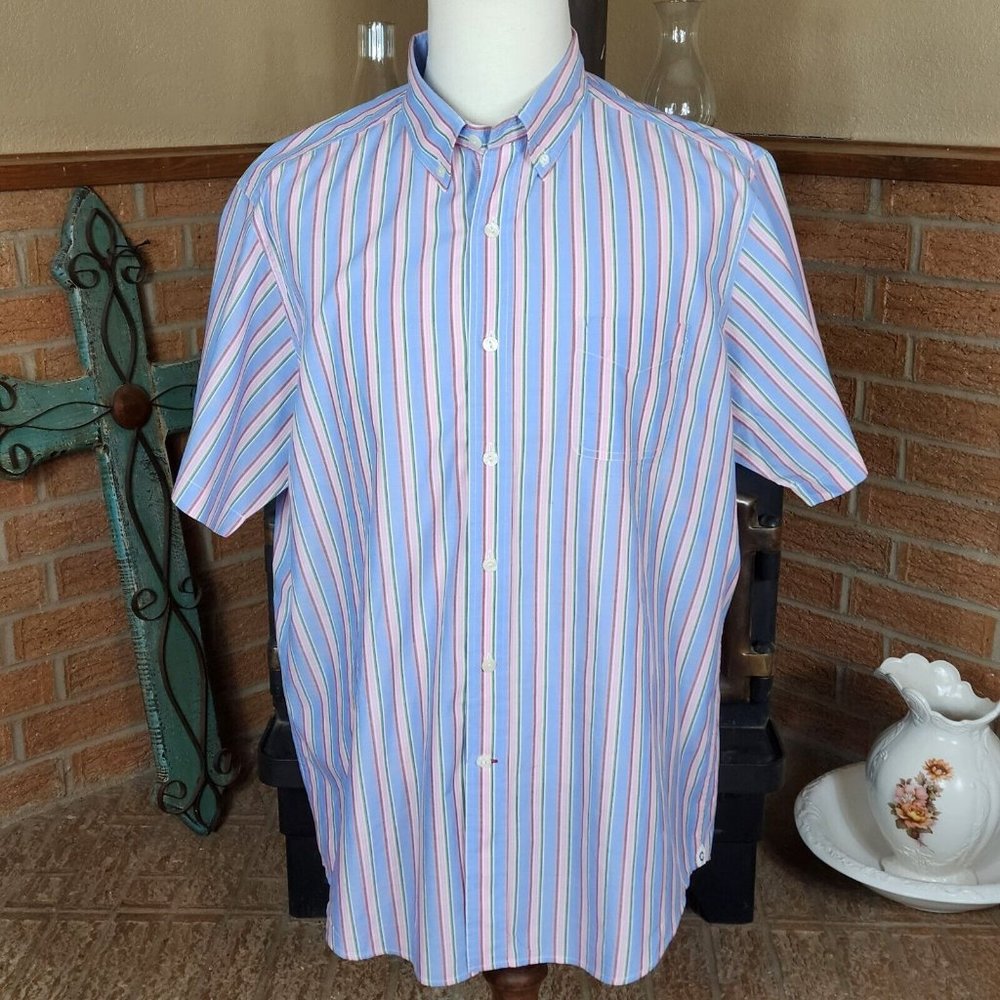 Cremieux Collection Blue Pink Striped Buttondown Short Sleeve Shirt Size XL